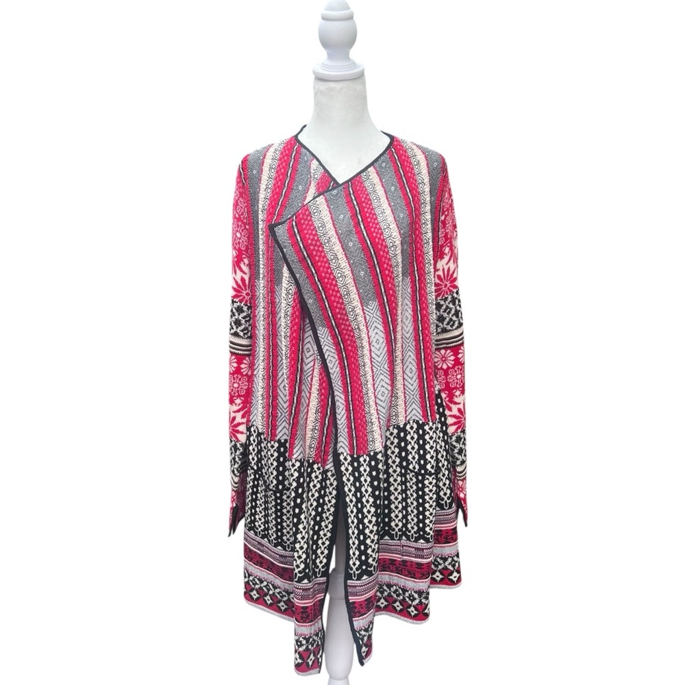 Desigual Red Black Fair Isle Holiday‎ Knit Open Front Long Cardigan Sweater Med